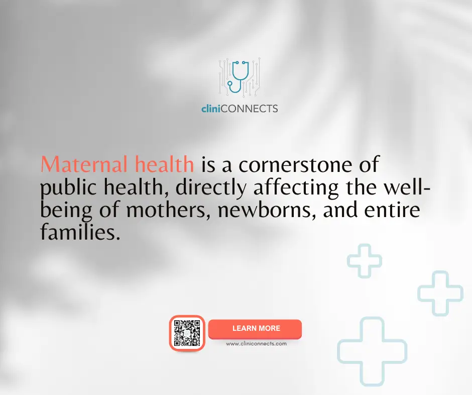 An impactful statement about maternal health as a cornerstone of public health, set against a light background with medical symbols, highlighting the theme 'Maternal Health Awareness Day 2025.' The QR code provides easy access to learn more about the global initiative.