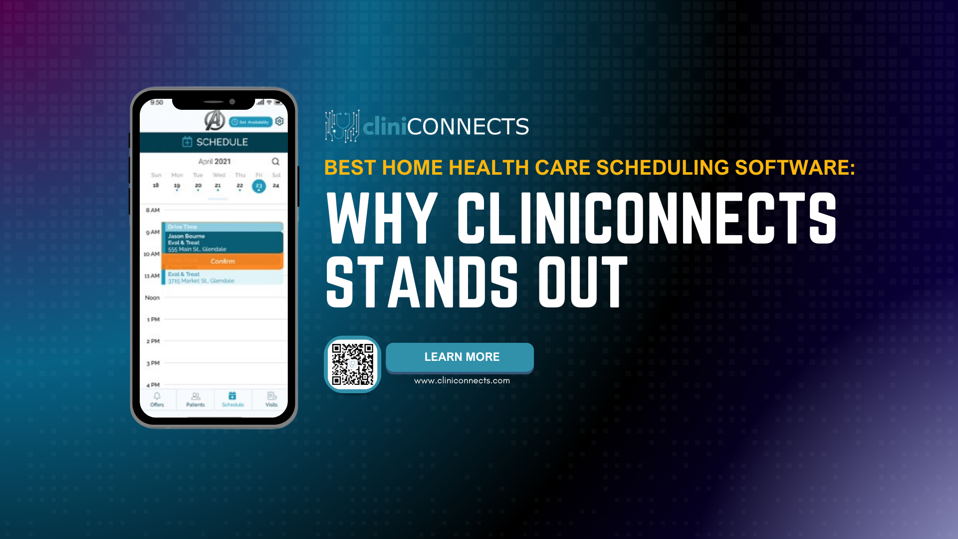 Mobile phone displaying the CliniConnects interface for the Best Home Health Care Scheduling Software, promoting its features and why CliniConnects stands out as the top solution.