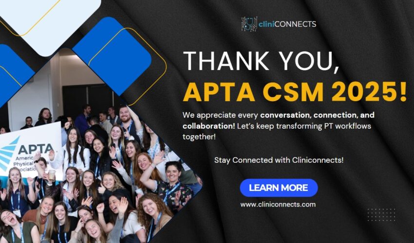 Group of smiling attendees at APTA CSM 2025, holding an APTA sign, celebrating collaboration in physical therapy with CliniConnects branding.