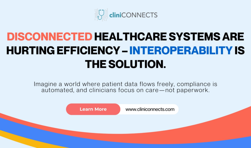 A digital graphic from CliniConnects highlighting why interoperability matters in healthcare, emphasizing data efficiency and automation.