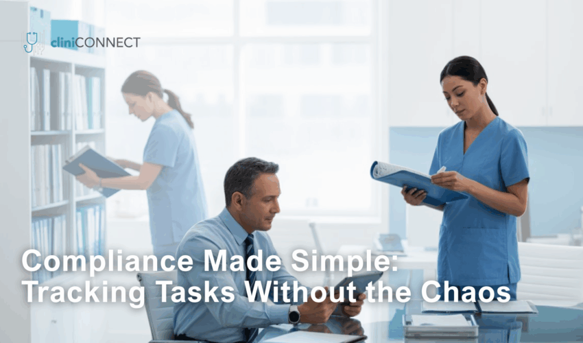 CliniConnects compliance management dashboard showing real-time therapy documentation and credential tracking.