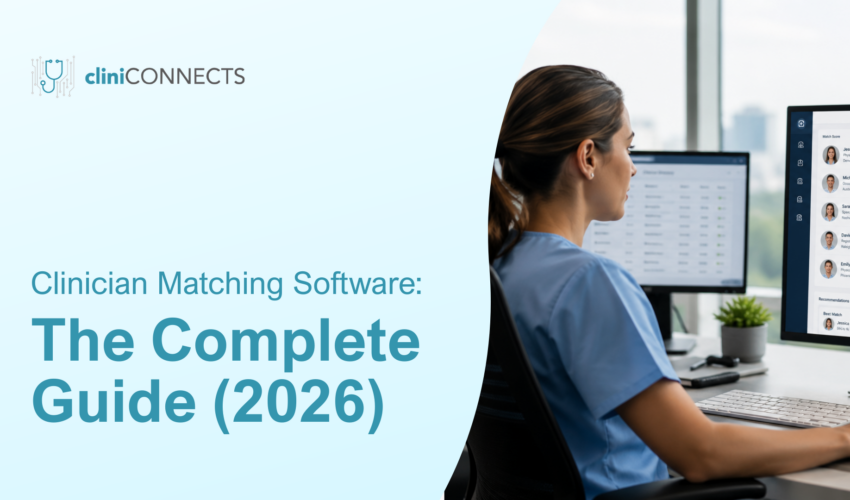 Header hero for Clinician Matching Software guide showing the cliniCONNECTS logo on a blue background and a clinician at computer monitors on the right