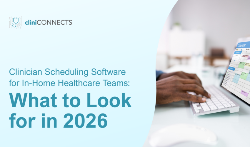 Banner with the cliniCONNECTS logo on a pale blue background and hands typing at a keyboard beside a calendar app on a computer screen.