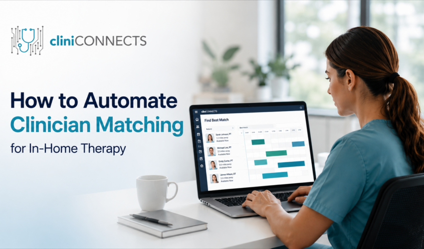 Hero banner showing the cliniCONNECTS logo with a nurse in scrubs using a laptop to illustrate automated clinician matching for in-home therapy.
