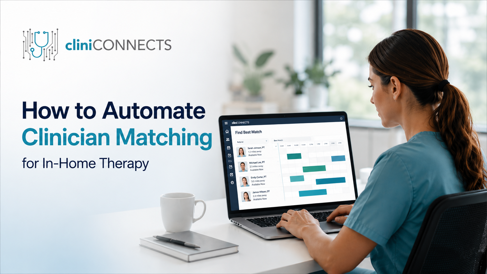 Hero banner showing the cliniCONNECTS logo with a nurse in scrubs using a laptop to illustrate automated clinician matching for in-home therapy.